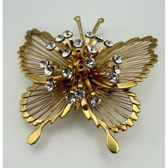 Monet Jewelry - Monet Spinneret Butterfly Brooch 1961 Menagerie Rhinestone Gold Tone Pin 1.75"